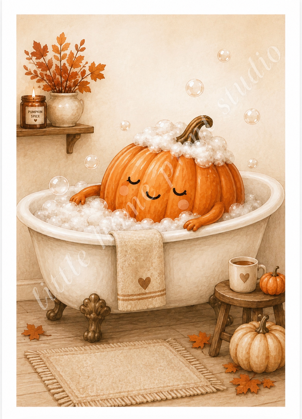 Cosy Pumpkin Bath Art Print – Autumn Bathroom Wall Art