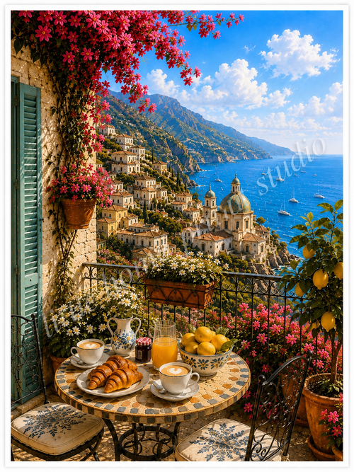 Amalfi Coast Breakfast Kitchen Art Print – Italian Mediterranean Wall Art