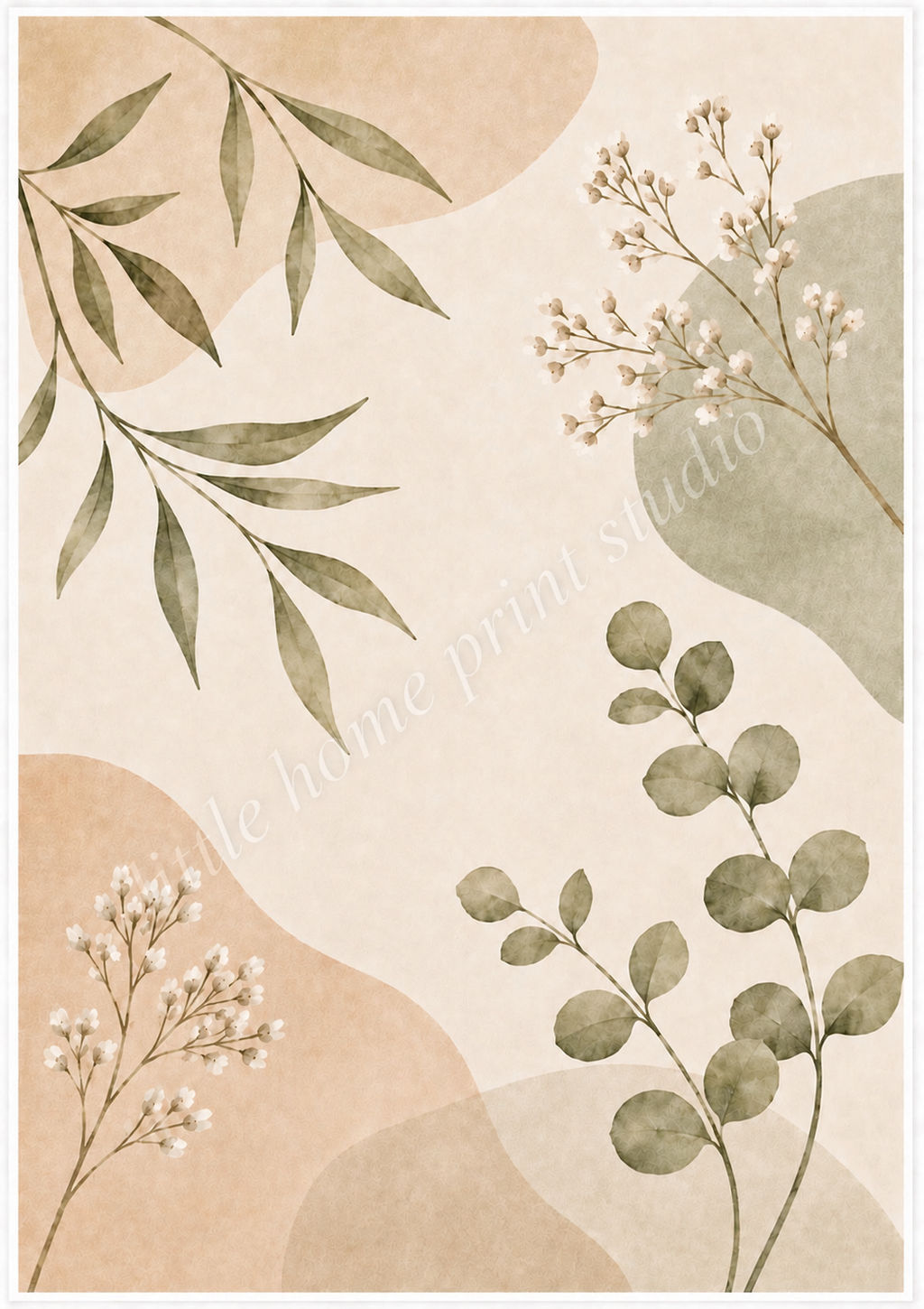 Neutral Botanical Art Print – Olive Leaves & Wildflowers Wall Art