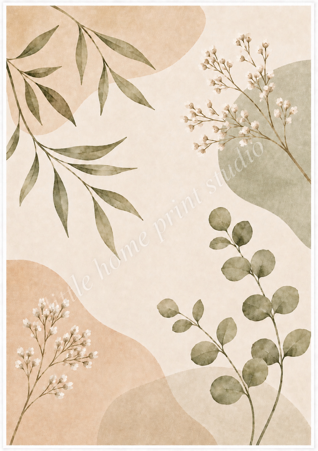 Neutral Botanical Art Print – Olive Leaves & Wildflowers Wall Art