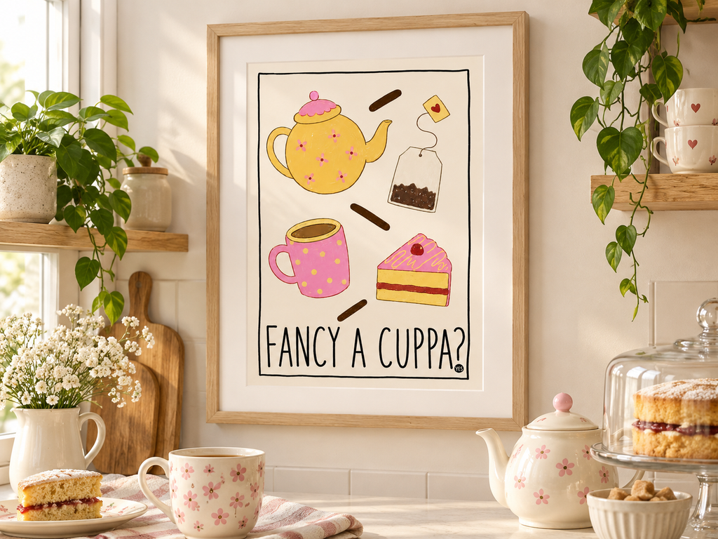 Fancy a Cuppa? Kitchen Wall Art Print – Cute Tea & Cake Poster A4