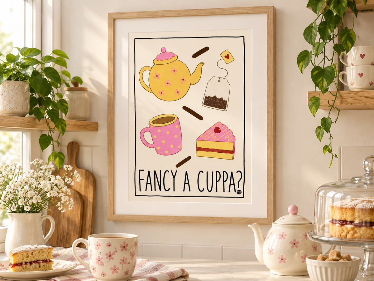Fancy a Cuppa? Kitchen Wall Art Print – Cute Tea & Cake Poster A4