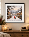 Snowy Village Winter Wall Art Print – Little Girl & Dog – 8x8 Inch