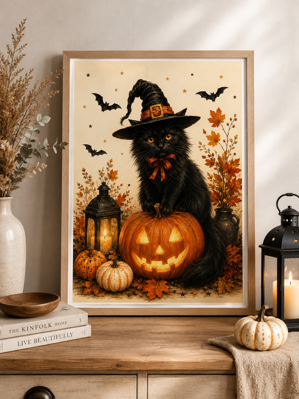 Halloween Black Cat & Pumpkin Art Print – Autumn Witch Wall Art