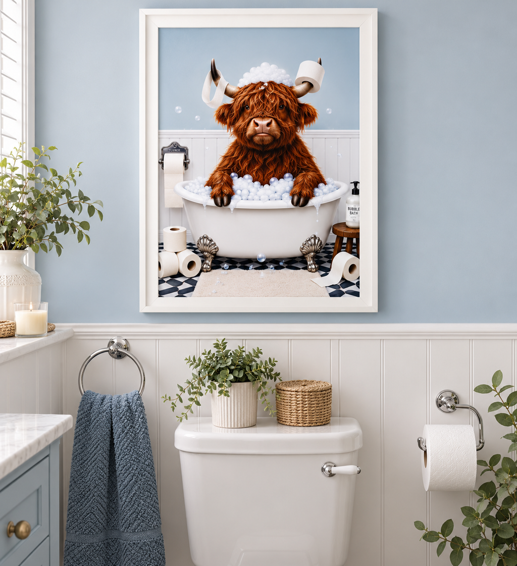 Funny Highland Cow Bubble Bath Bathroom Wall Art Print – A4