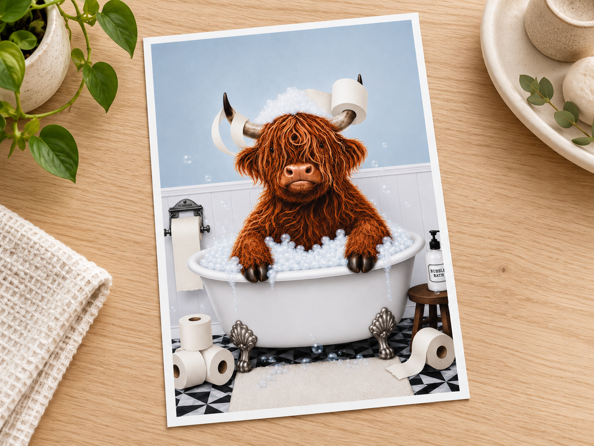 Highland Cow Bathroom Wall Art Set of 2 – Funny A4 Prints