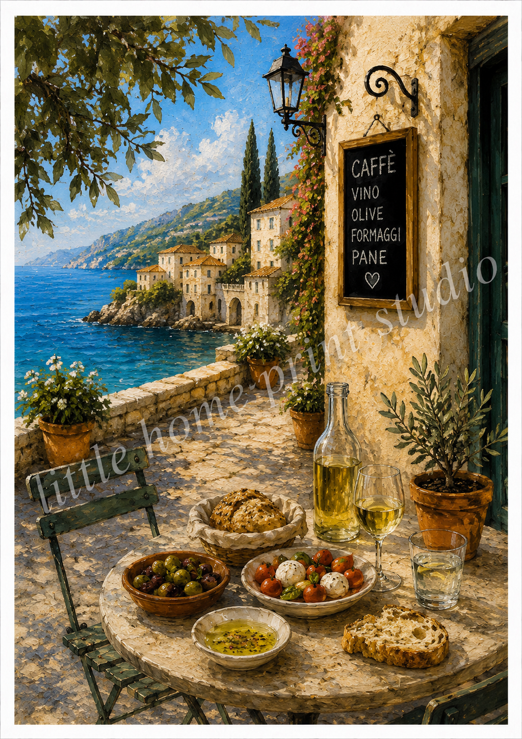 Mediterranean Café Kitchen Art Print – Italian Coastal Wall Art