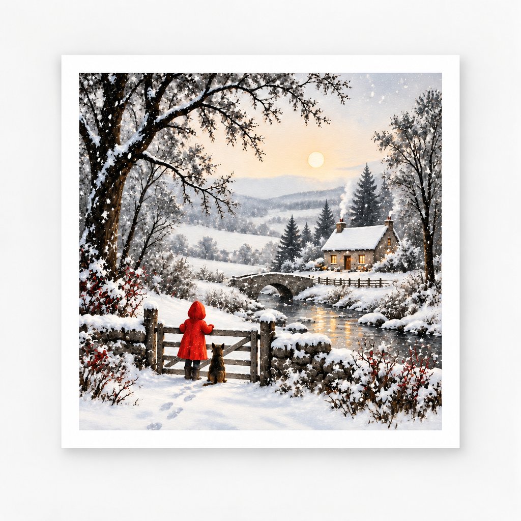 Snowy Bridge Winter Wall Art Print – Little Girl & Dog – 8x8 Inch
