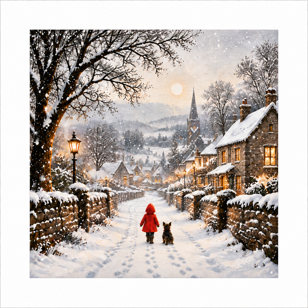 Snowy Village Winter Wall Art Print – Little Girl & Dog – 8x8 Inch