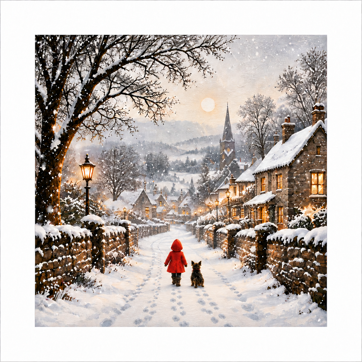 Snowy Village Winter Wall Art Print – Little Girl & Dog – 8x8 Inch