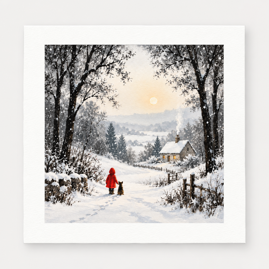 Snowy Cottage Winter Wall Art Print – Little Girl & Dog – 8x8 Inch