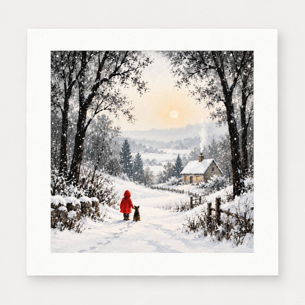 Snowy Cottage Winter Wall Art Print – Little Girl & Dog – 8x8 Inch