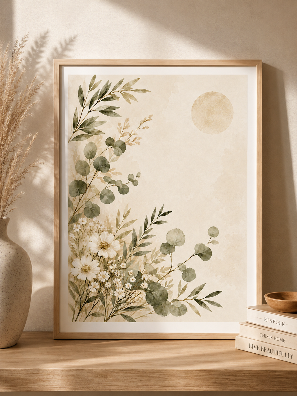Neutral Wildflower Botanical Art Print – Soft Sage & Beige Wall Art