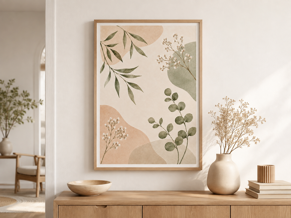 Neutral Botanical Art Print – Olive Leaves & Wildflowers Wall Art