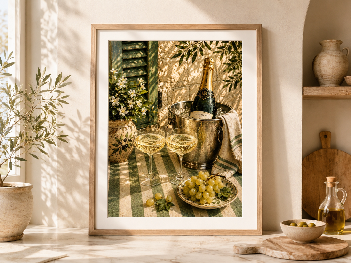 Champagne & Grapes Kitchen Art Print – Elegant Mediterranean Wall Art