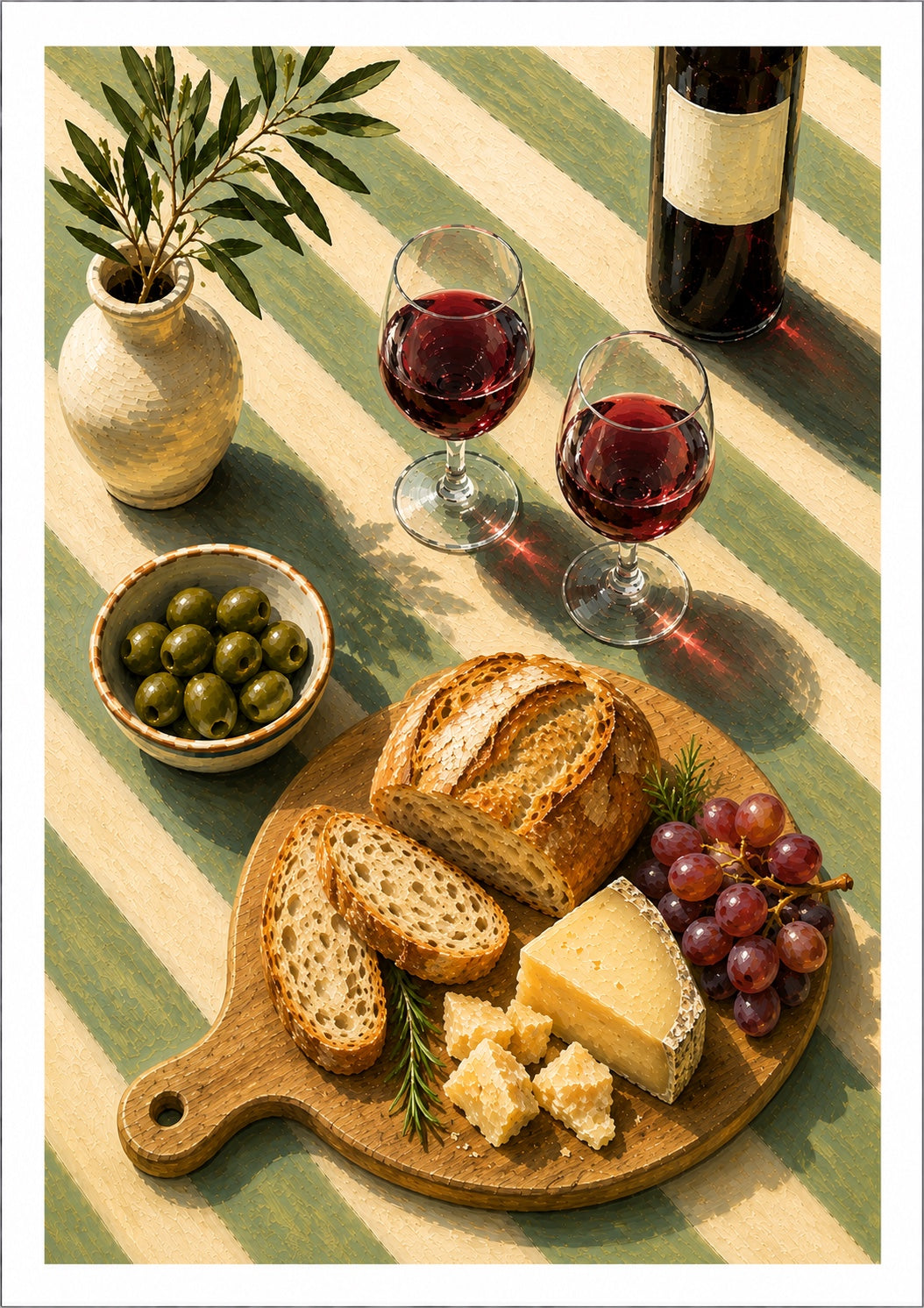 Mediterranean kitchen wall art print featuring red wine, bread, cheese, olives and grapes.