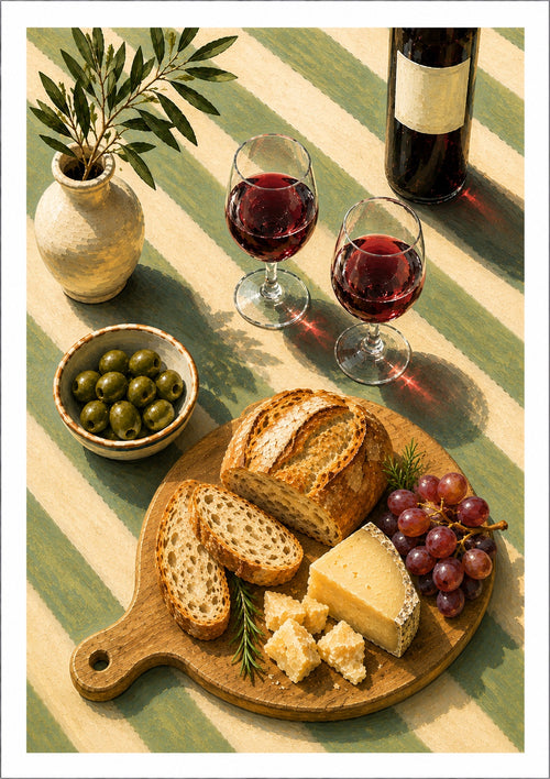 Mediterranean kitchen wall art print featuring red wine, bread, cheese, olives and grapes.