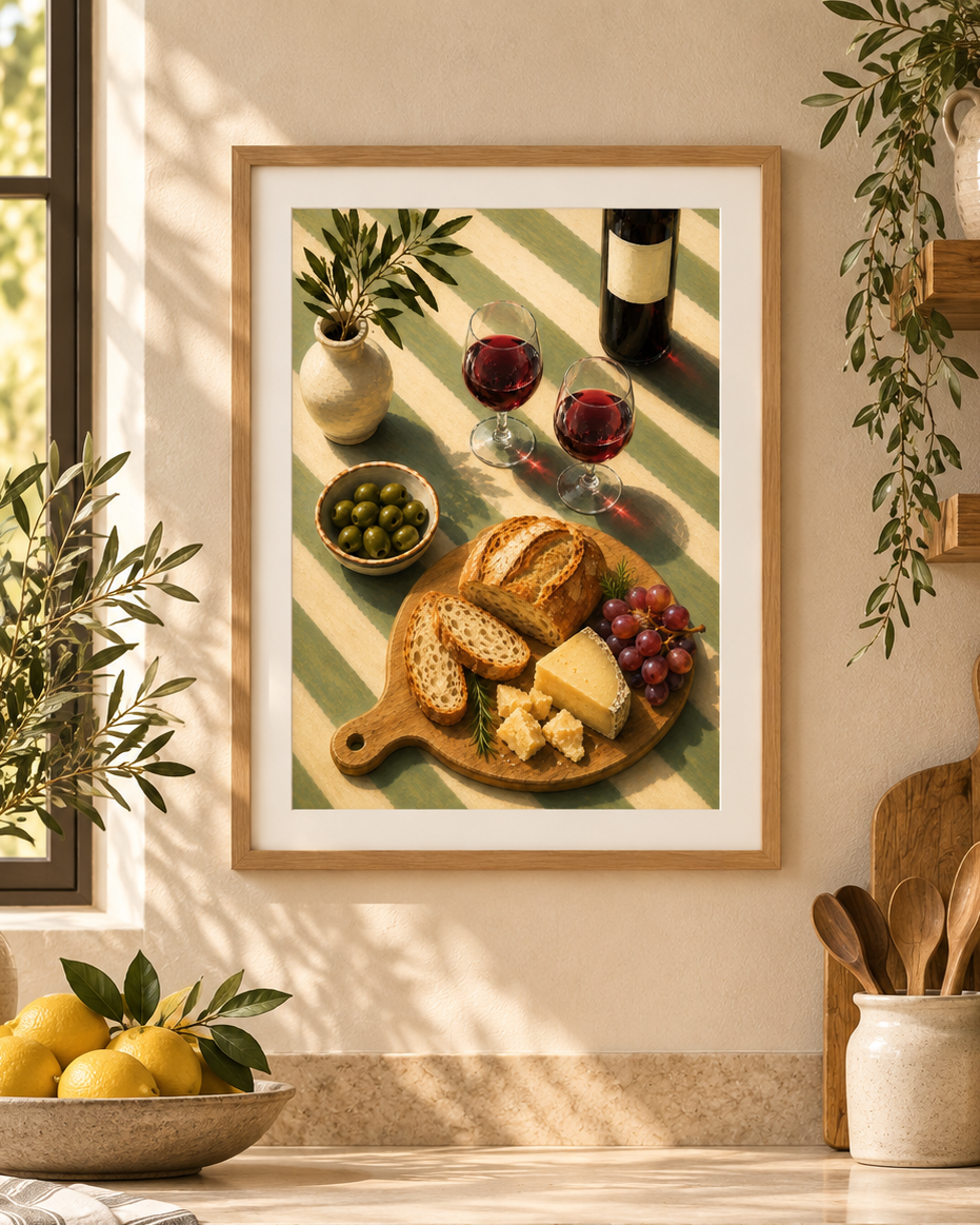Mediterranean kitchen wall art print featuring red wine, bread, cheese, olives and grapes on a striped table.