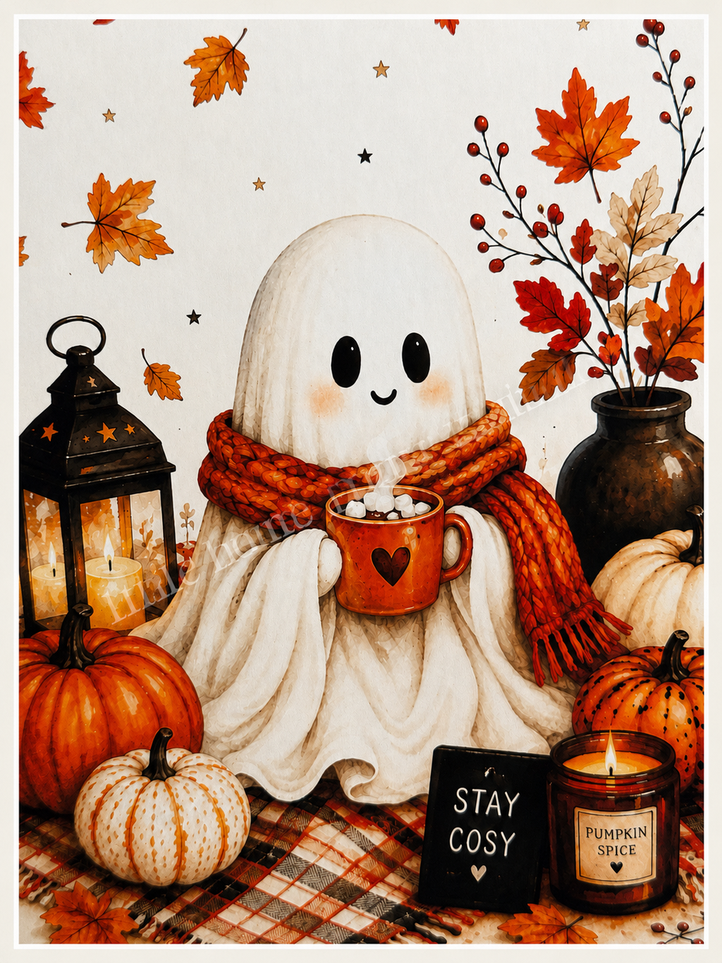 Cosy Halloween Ghost Art Print – Pumpkin Spice Autumn Wall Art