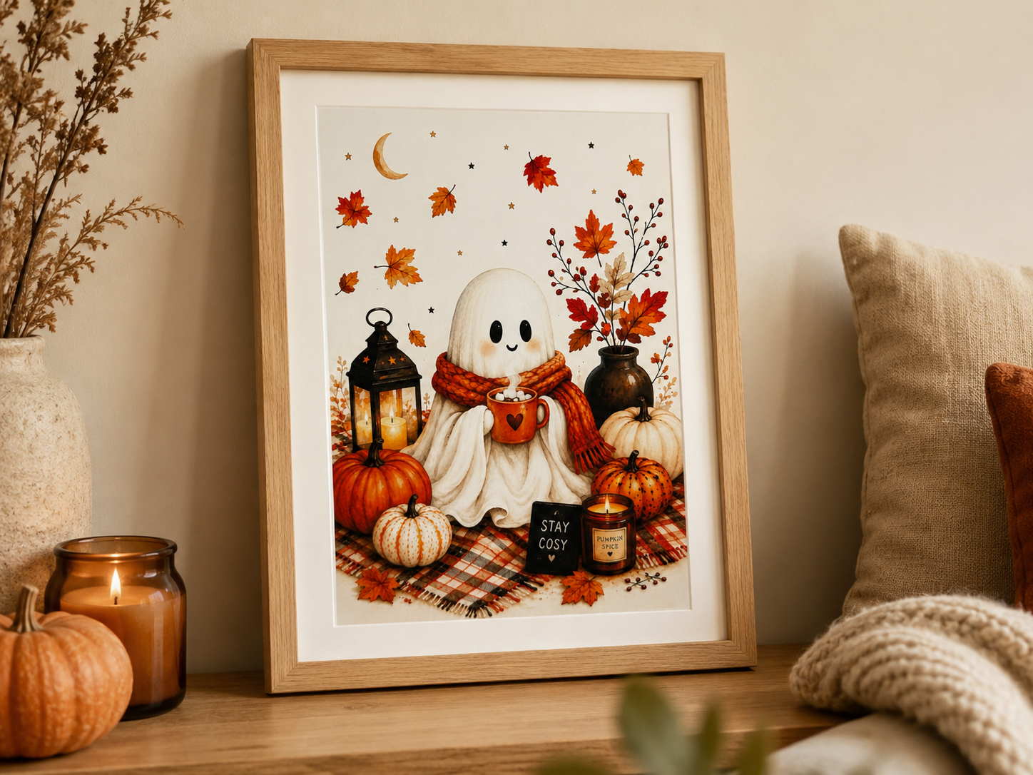 Cosy Halloween Ghost Art Print – Pumpkin Spice Autumn Wall Art