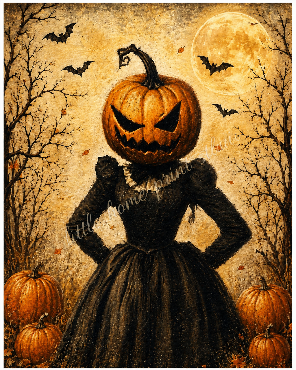 Pumpkin Head Halloween Art Print – Vintage Spooky Autumn Wall Art