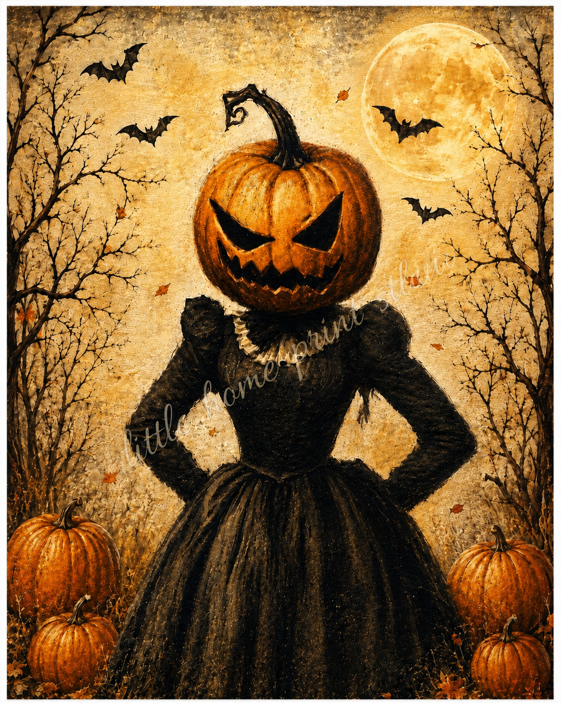 Pumpkin Head Halloween Art Print – Vintage Spooky Autumn Wall Art