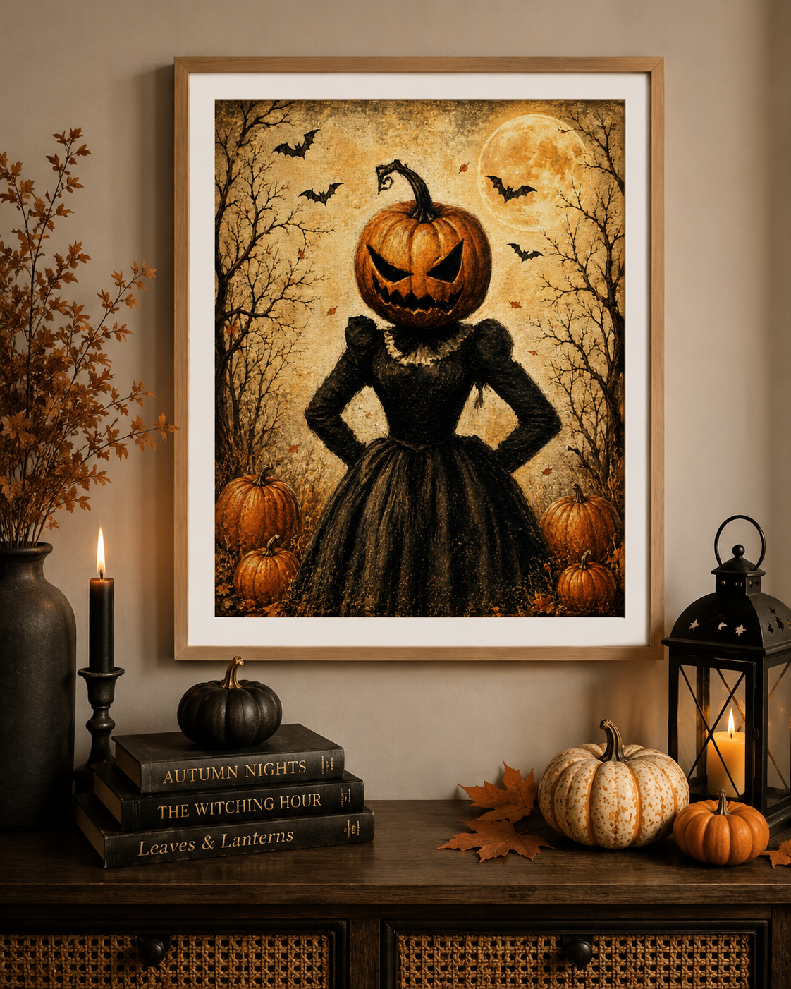 Pumpkin Head Halloween Art Print – Vintage Spooky Autumn Wall Art