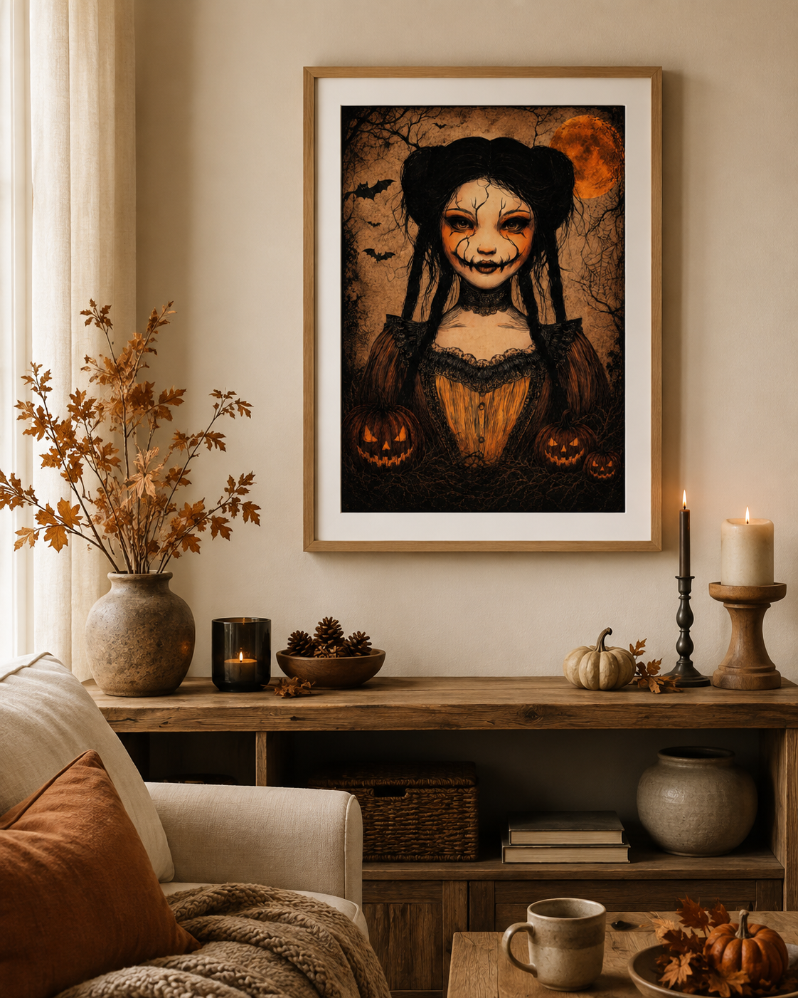 Gothic Halloween Girl Art Print – Pumpkin Moon Wall Art