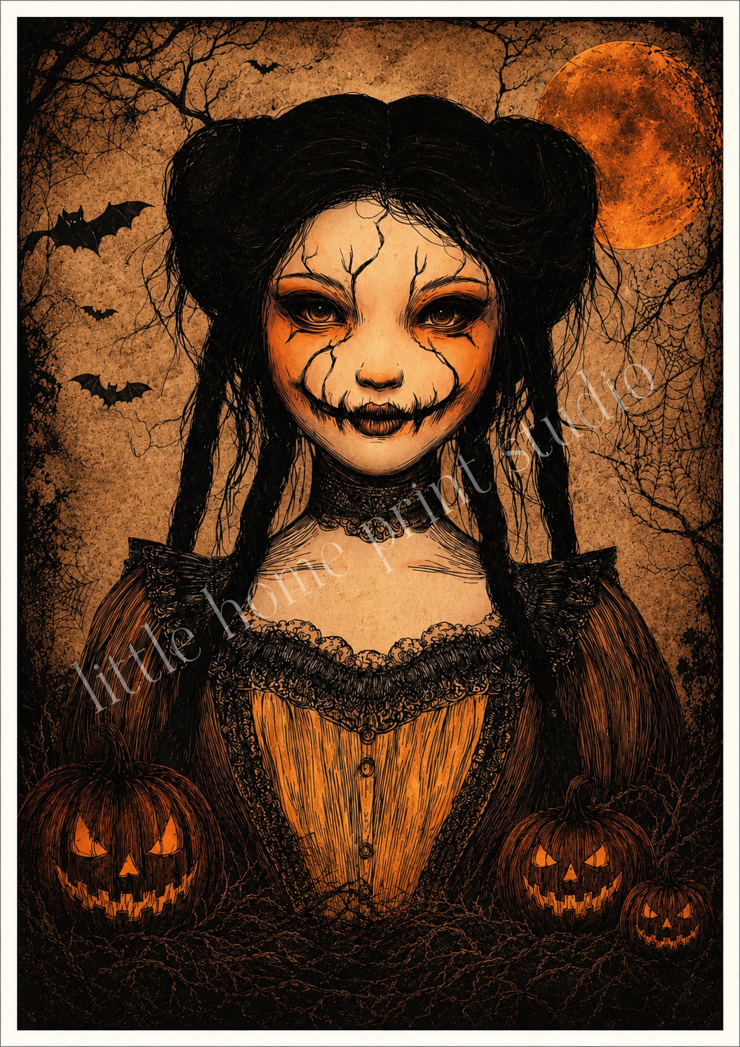 Gothic Halloween Girl Art Print – Pumpkin Moon Wall Art