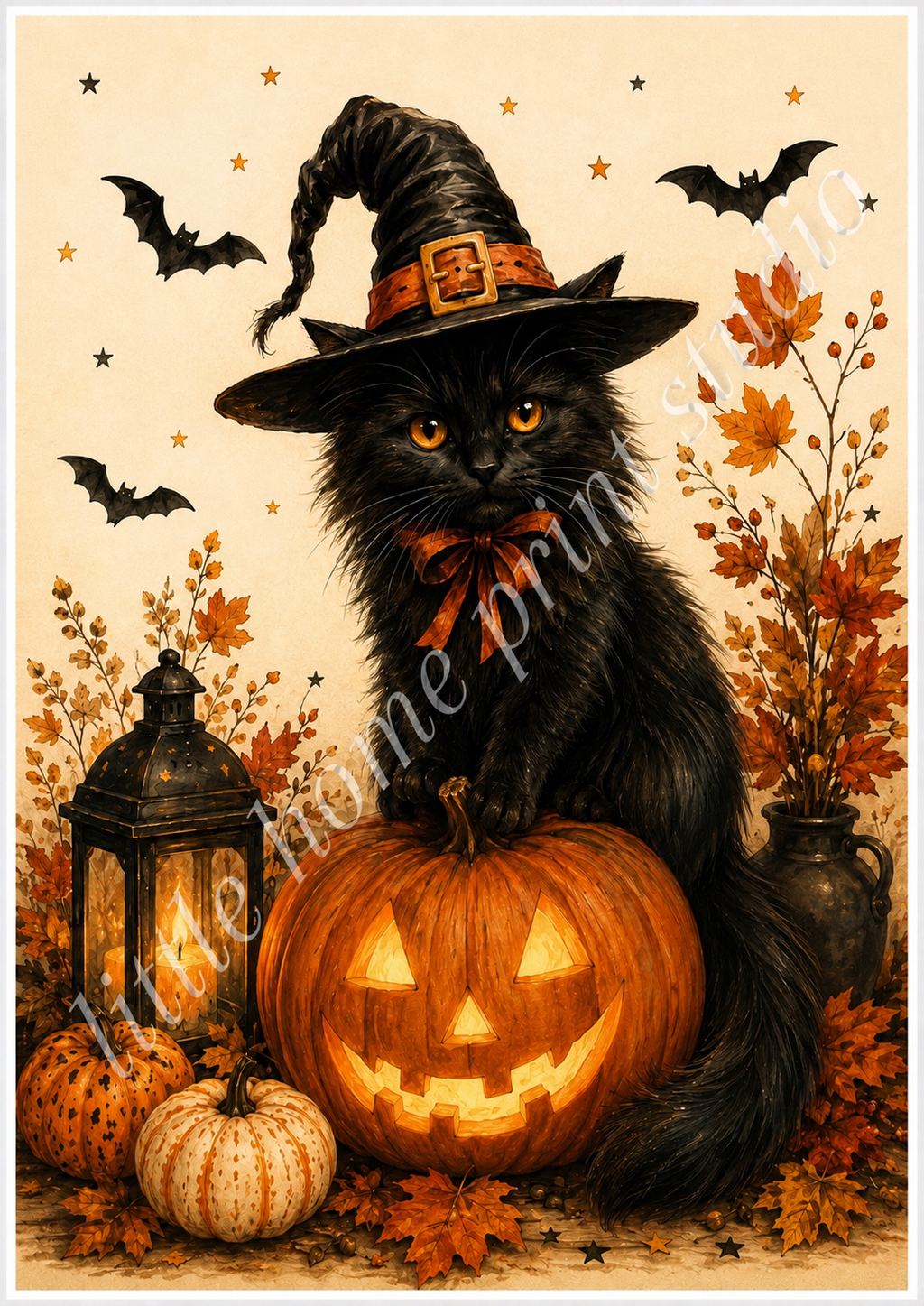 Halloween Black Cat & Pumpkin Art Print – Autumn Witch Wall Art
