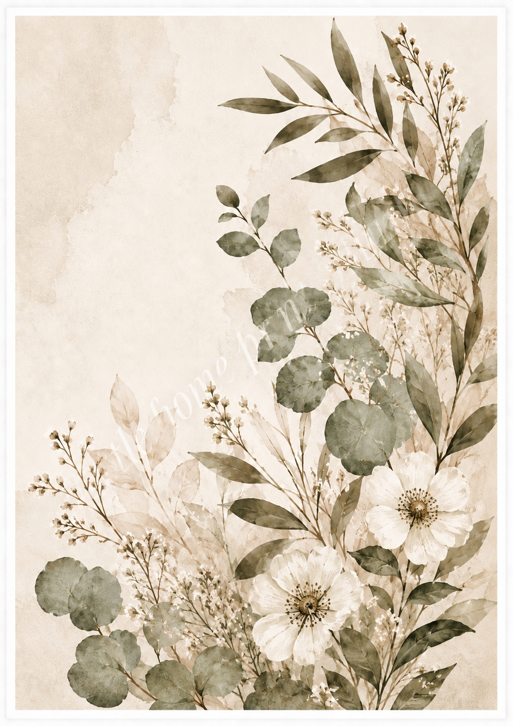 Neutral Botanical Floral Art Print – Eucalyptus & White Flowers Wall Art