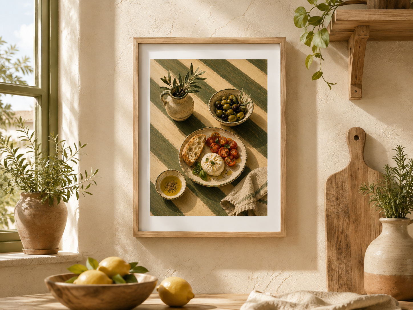 Mediterranean Food Kitchen Art Print – Burrata, Olives & Tomatoes