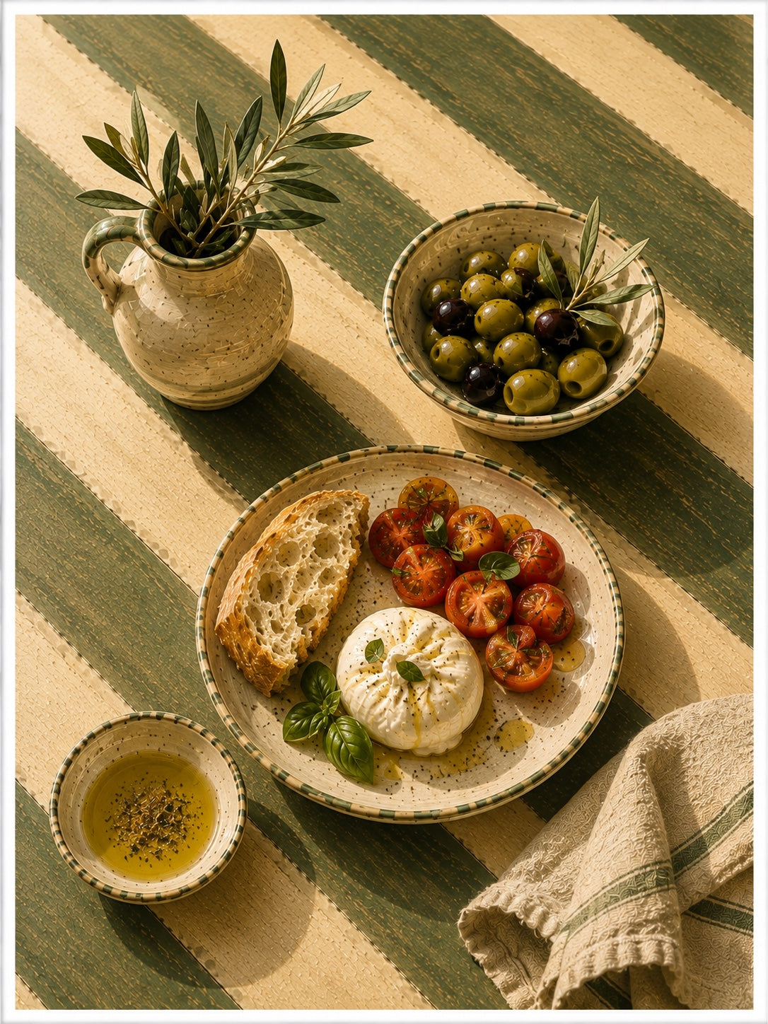 Mediterranean Food Kitchen Art Print – Burrata, Olives & Tomatoes