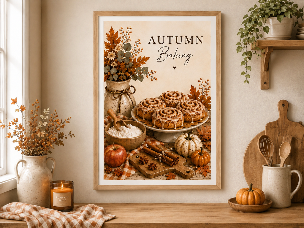 Autumn Baking Kitchen Art Print - Cosy Pumpkin & Cinnamon