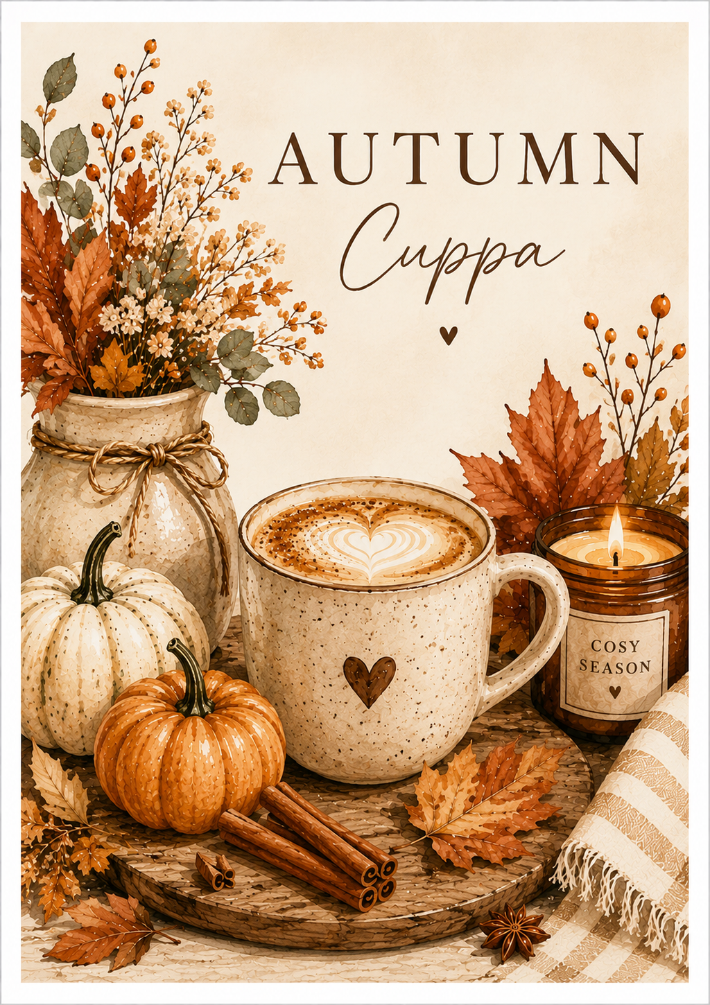 Autumn Cuppa Kitchen Art Print – Cosy Coffee & Pumpkin Wall Art