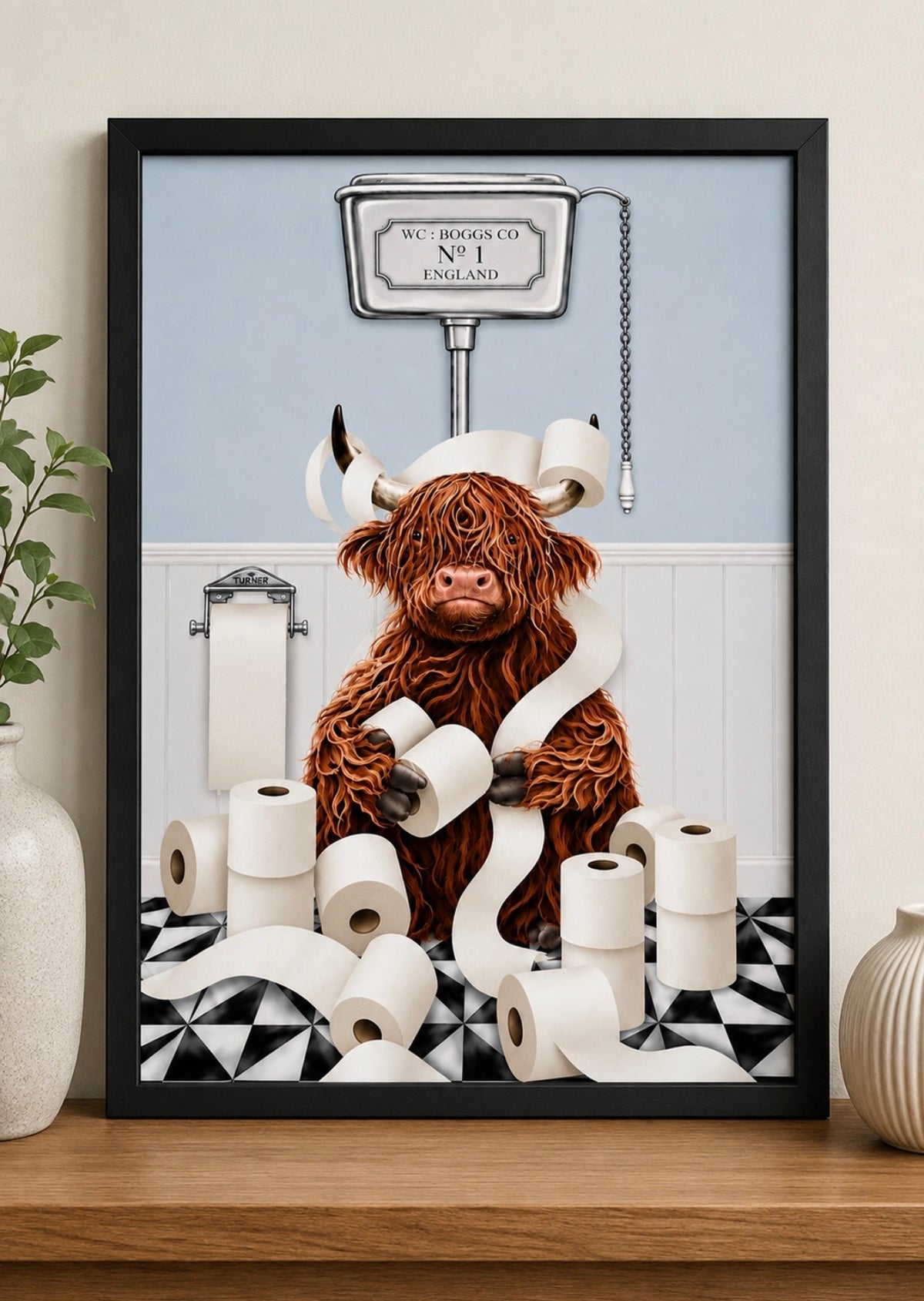 Funny Highland Cow Toilet Roll Bathroom Wall Art Print – A4