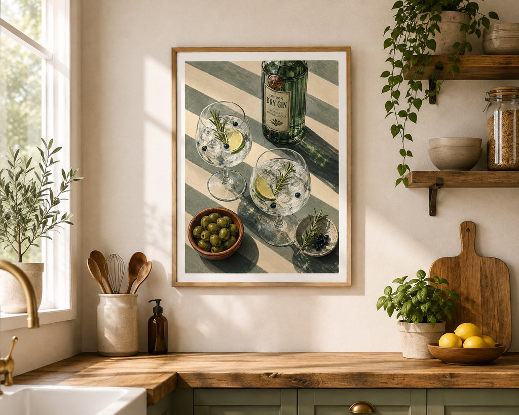 Gin & Olives Kitchen Art Print – Mediterranean Green Striped Wall Art