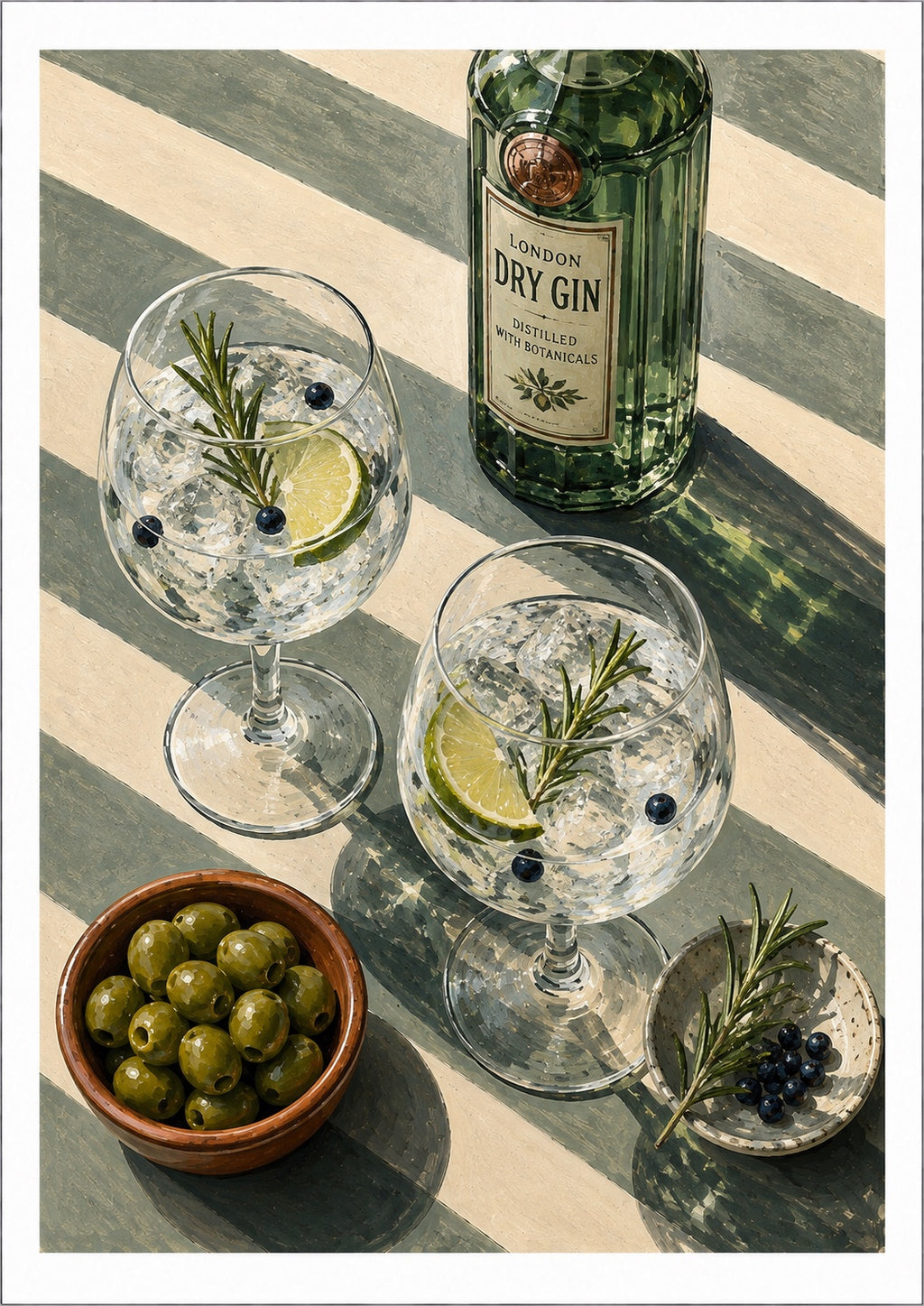 Gin & Olives Kitchen Art Print – Mediterranean Green Striped Wall Art