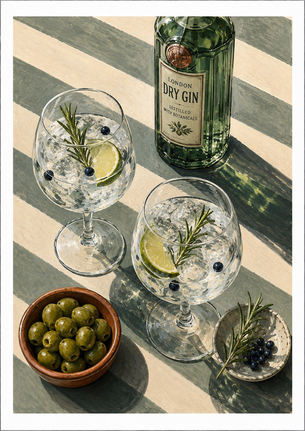 Gin & Olives Kitchen Art Print – Mediterranean Green Striped Wall Art