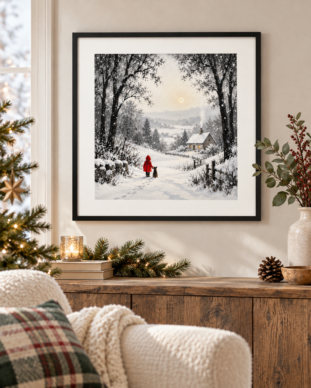 Snowy Cottage winter wall art print displayed in a black frame with white mount in a cosy living room. Snowy countryside scene featuring a little girl in a red coat walking with her dog towards a cottage.