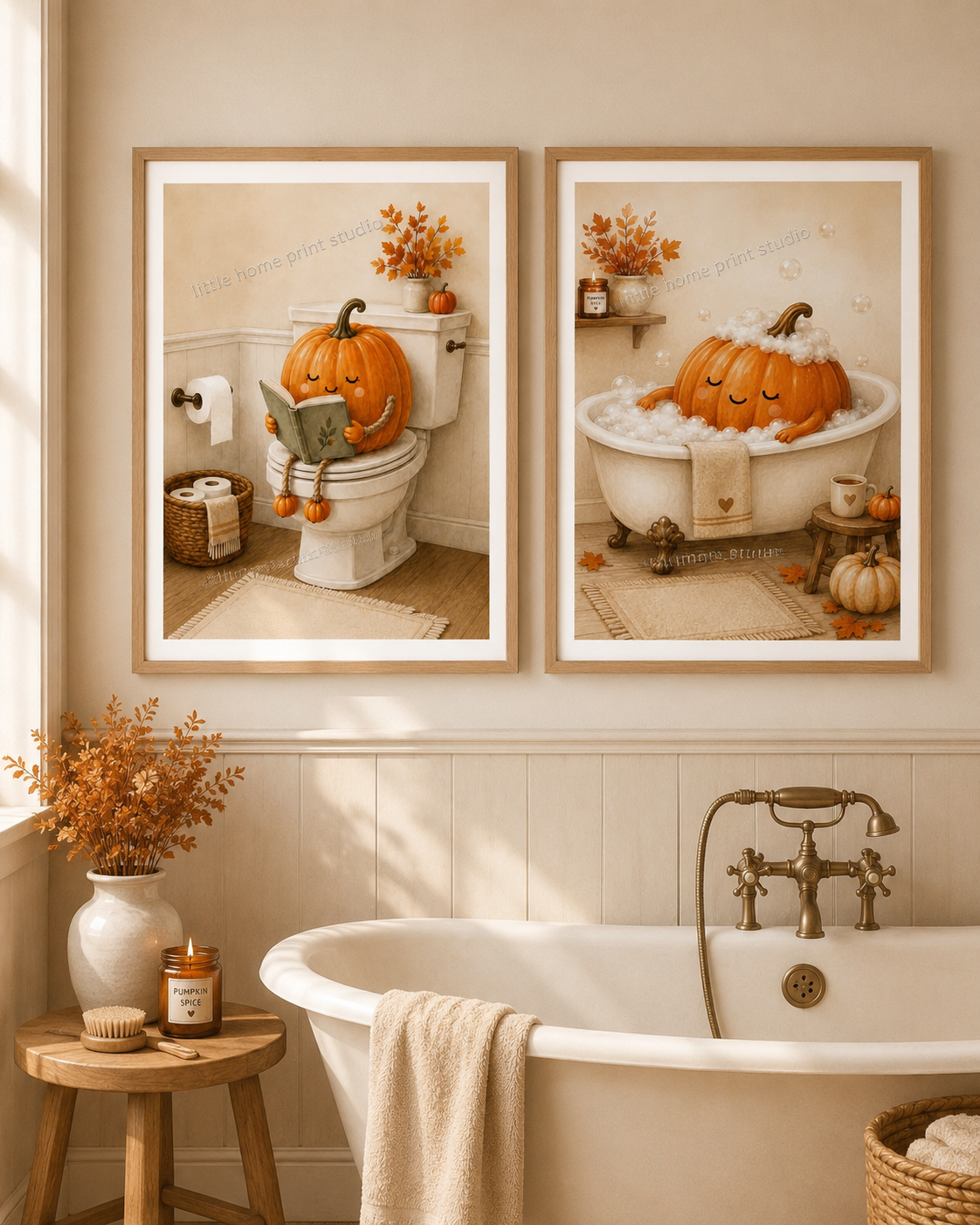 Cosy Pumpkin Bathroom Print Set of 2 – Autumn Wall Art