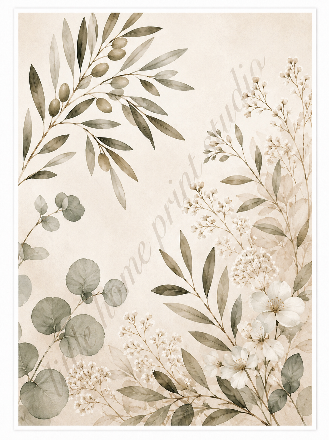 Olive Branch Botanical Art Print – Neutral Sage Green Wall Art