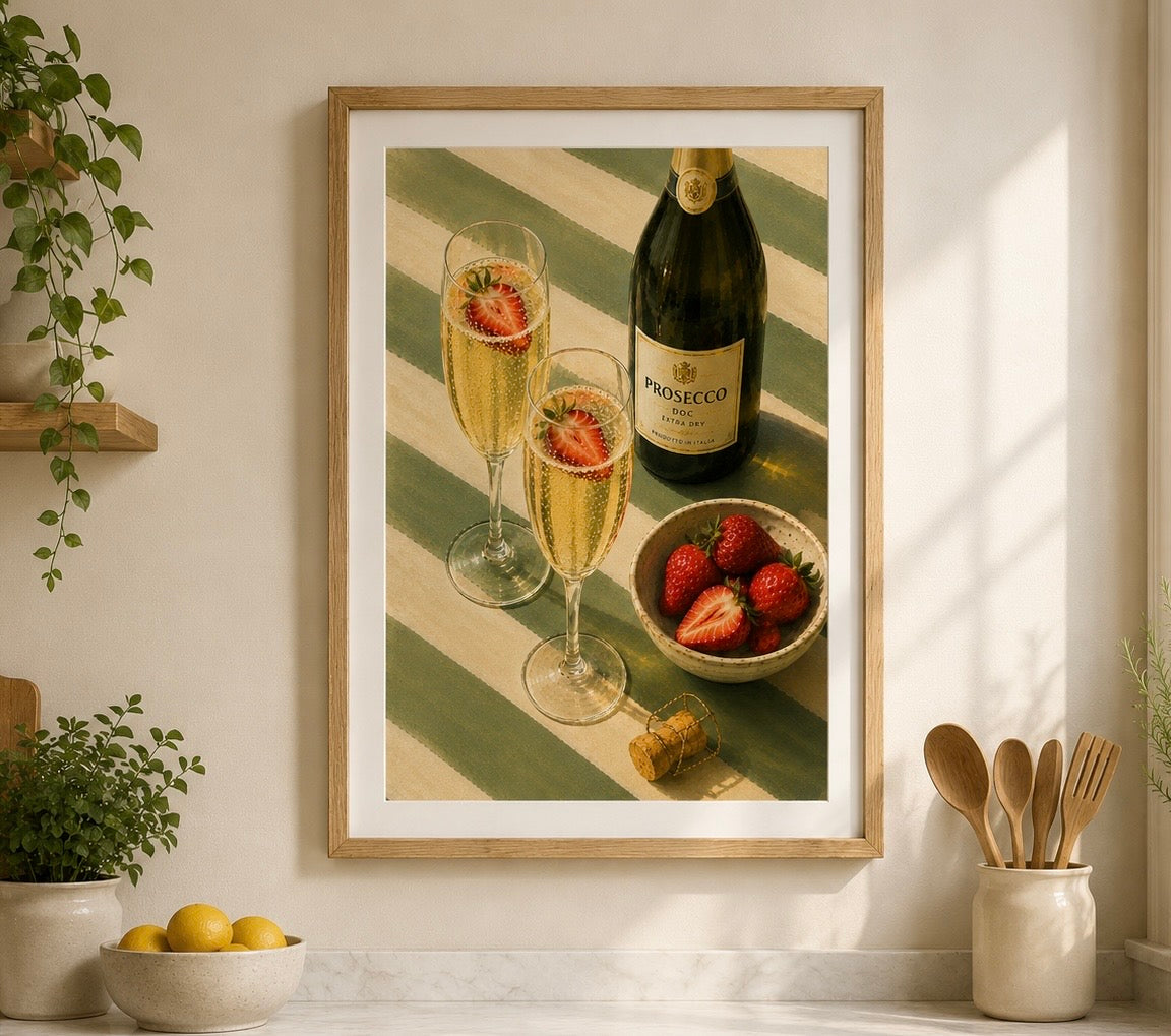 Prosecco & Strawberries Kitchen Art Print – Mediterranean Wall Art