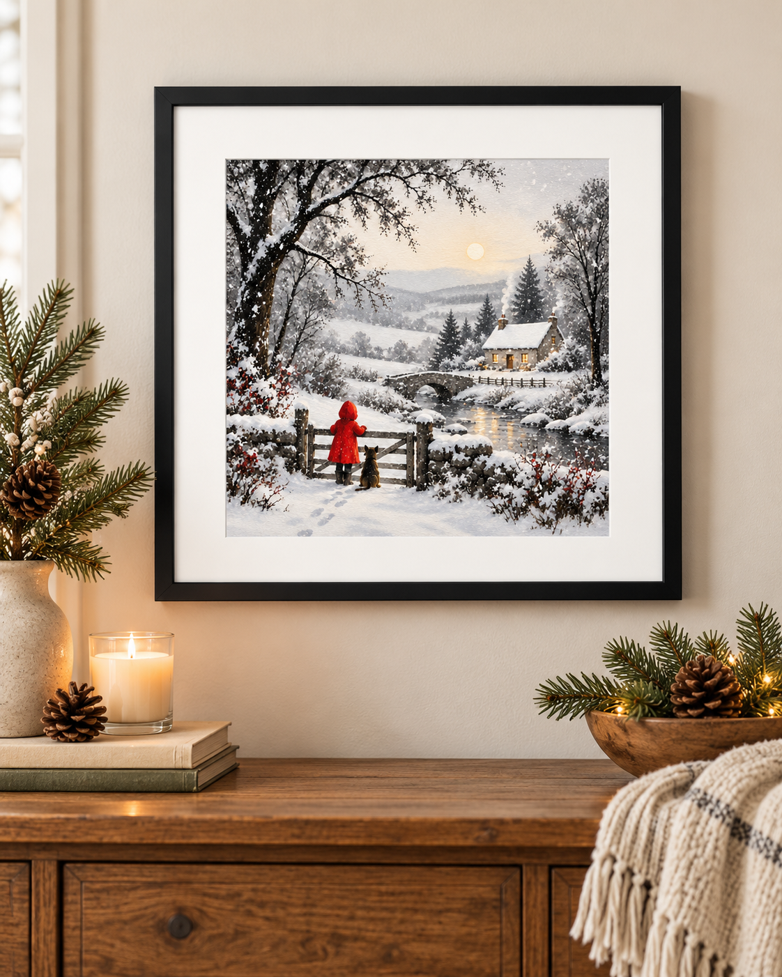 Snowy Bridge Winter Wall Art Print – Little Girl & Dog – 8x8 Inch