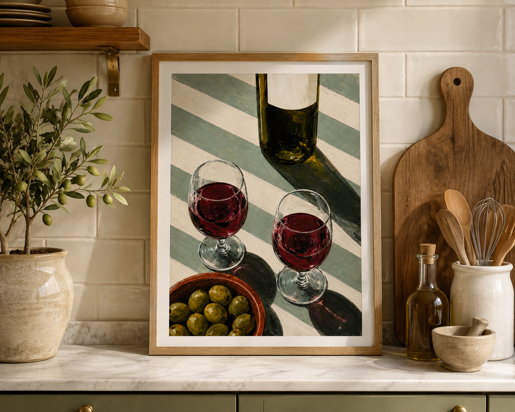 Red Wine & Olives Kitchen Art Print – Mediterranean Wall Art