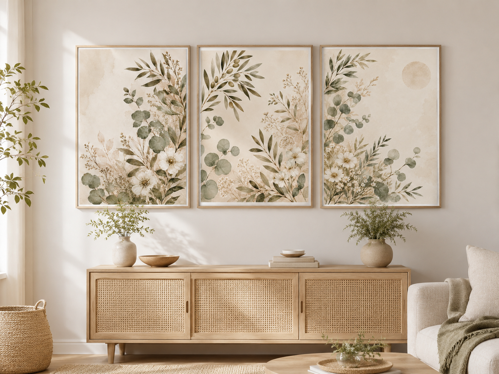 Neutral Botanical Floral Art Print – Eucalyptus & White Flowers Wall Art