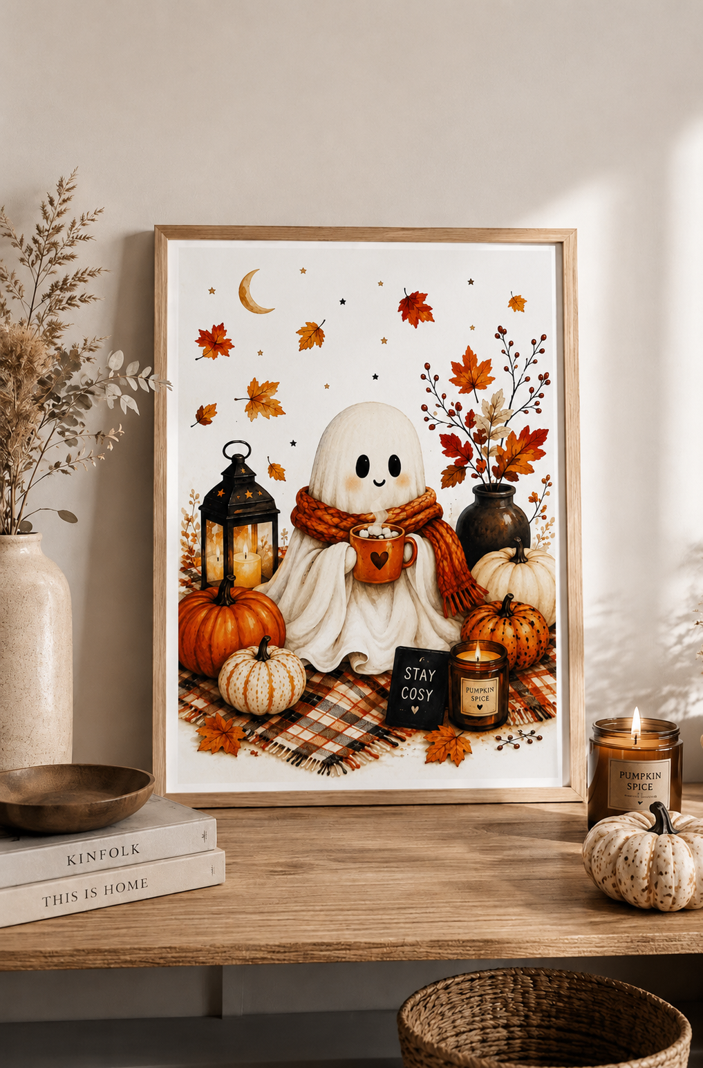 Cosy Halloween Ghost Art Print – Pumpkin Spice Autumn Wall Art