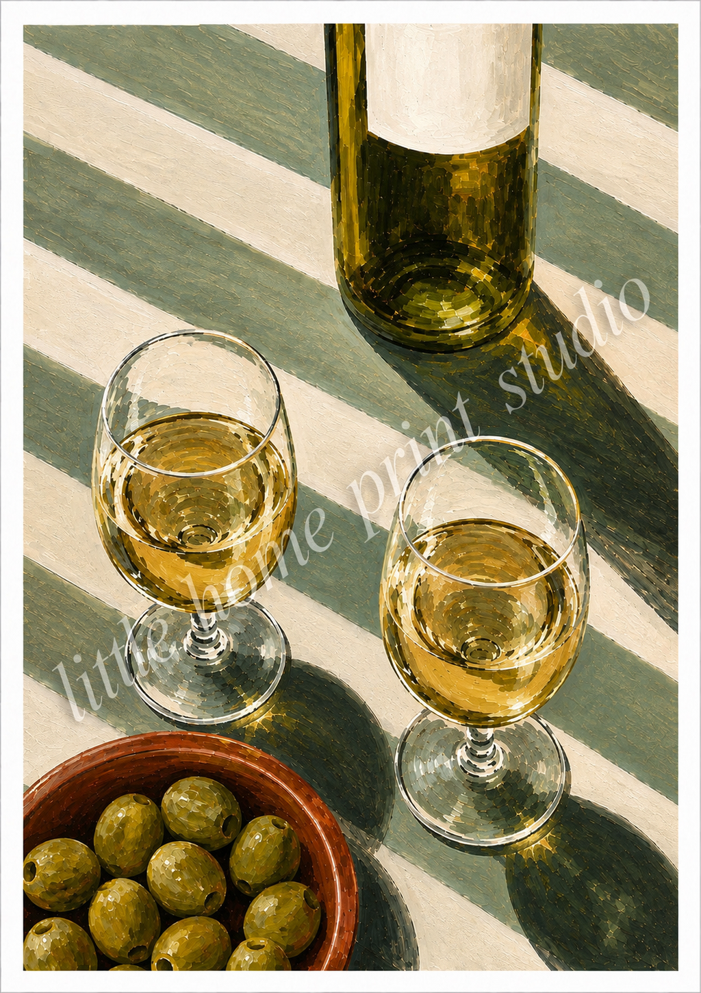 White Wine & Olives Kitchen Art Print - Mediterranean Wall Art