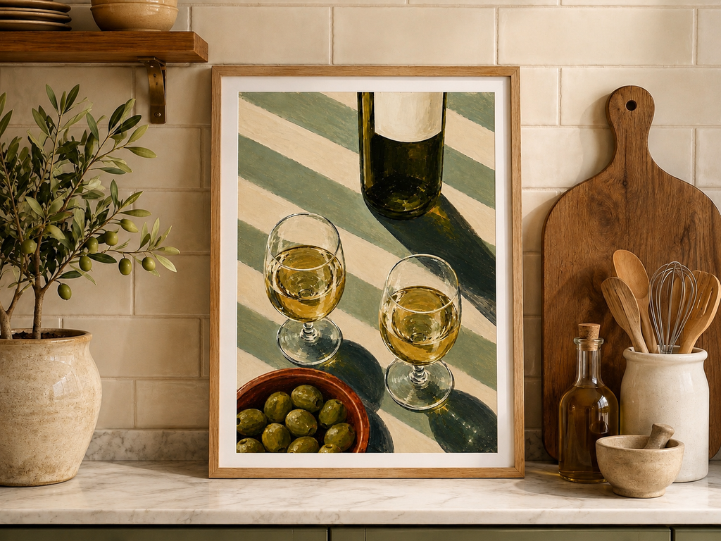 White Wine & Olives Kitchen Art Print - Mediterranean Wall Art