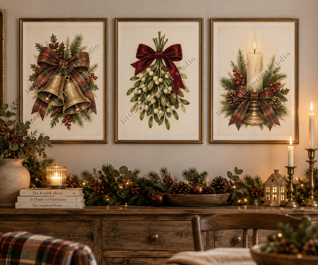 Set of 3 Vintage Christmas Prints - Tartan Bells, Mistletoe & Candle Wall Art